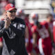 Oct 8, 2022; Bloomington, Indiana, USA; Indiana football head coach Tom Allen yells and claps at his team during warmups before the game against the against the Michigan Wolverines at Memorial Stadium. Mandatory Credit: Marc Lebryk-USA TODAY Sports