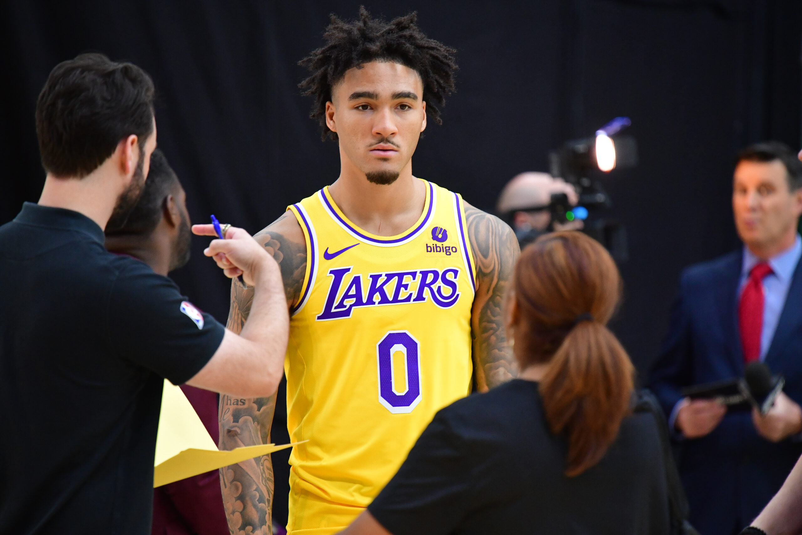 Los Angeles Lakers draft pick Jalen Hood-Schifino speaks during